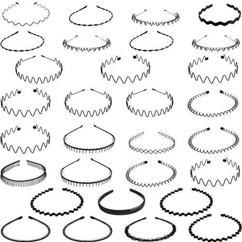 Fahacop 30 Pack Metal Headbands Black Spring Wavy Metal Hair Band Sports Fashion Hair Bands for Men Women Simple Non Slip Sports Headwear