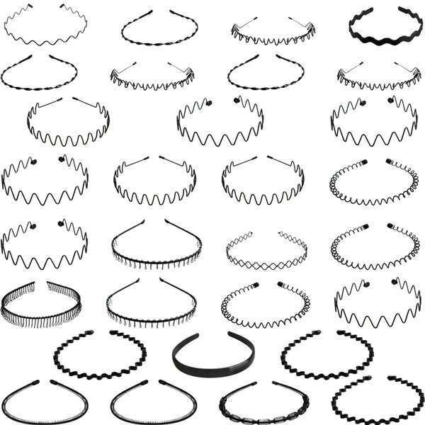 Fahacop 30 Pack Metal Headbands Black Spring Wavy Metal Hair Band Sports Fashion Hair Bands for Men Women Simple Non Slip Sports Headwear