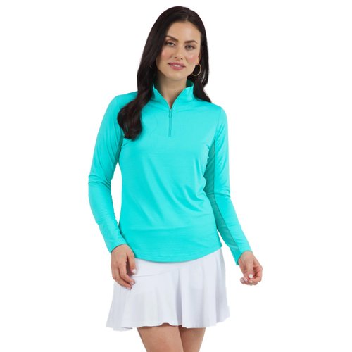 IBKUL Athleisure Wear Sun Protective UPF 50+ Icefil Cooling Tech Long Sleeve Mock Neck Top with Under Arm Mesh 80000 Jade Solid XS