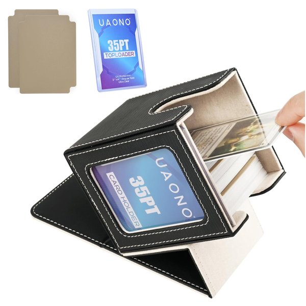 UAONO Card Deck Box with MTG Commander Display, Patented Design Card Deck Case Holds 100+ Double-Sleeved Cards, PU Leather Cards Storage Box For TCG with 2 Dividers, 1 Toploader (Black&Gold)