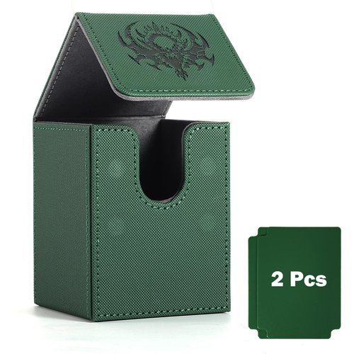 Komick Premium PU Leather Card Deck Box for Magic The Gathering, Yugioh Cards, Holds 100+ Deck Case with 2 Dividers for Collectible Trading Cards TCG Deck Box, MTG, CCG (Green Basilisk)