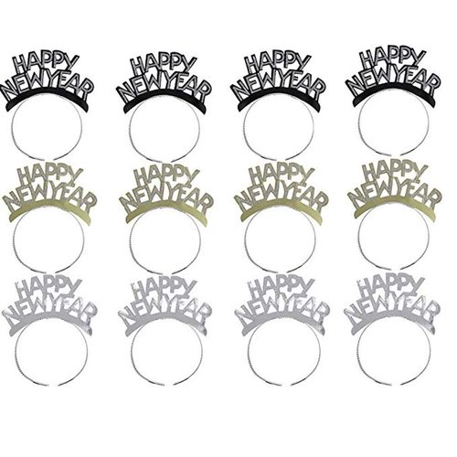 Soochat Happy New Year Headband Tiara New Years Eve Party Supplies Gold Silver Black 12 Pieces