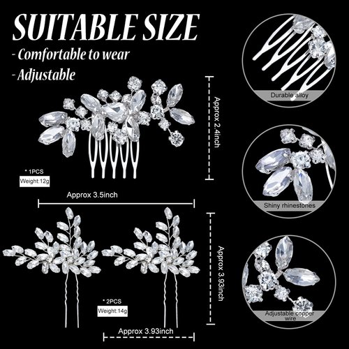 3 Pieces Bride Wedding Hair Comb Rhinestone Silver Bridal Hair Side Comb Crystal Hair Pieces Hair Pin Accessories for Women and Girls