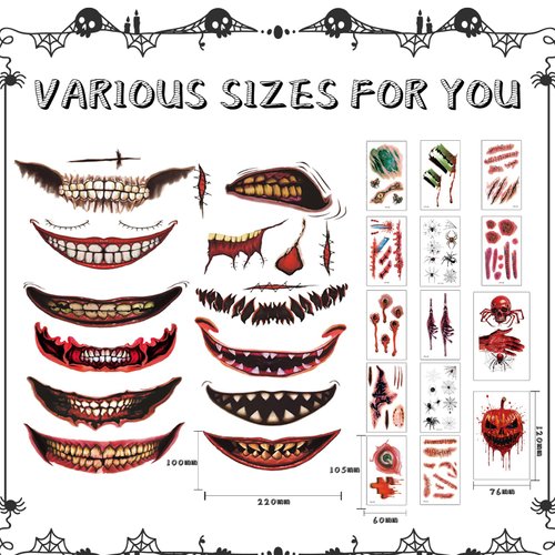 Halloween Prank Makeup Temporary Tattoo, 26 PCS Halloween Temporary Face Tattoos for Adults, Halloween Mouth Tattoos Stickers, Horror Clown Fake Face Scars Wound Tattoo Makeup Kit for Cosplay Party