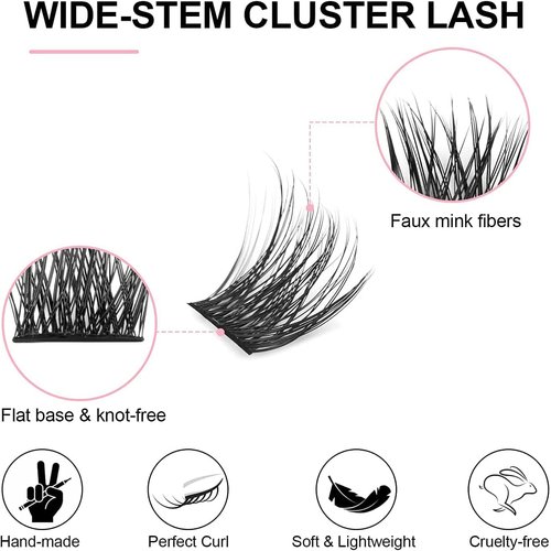 Cluster Lashes Extensions, 144Pcs Individual Lashes Wide Stem D Curl 12mm Length DIY Eyelash Extension Individual Soft False Lashes for Personal Use at Home
