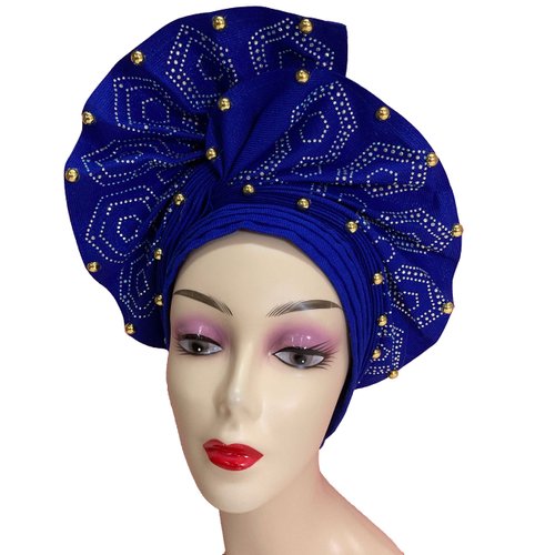 Nigerian Luxury Aso Oke Headtie, African Headtie Women Headbands Head Wrap Turban Cap Auto Gele Headties Femme Headscarf Headgear Sewing Fabric For Party (Royal Blue)