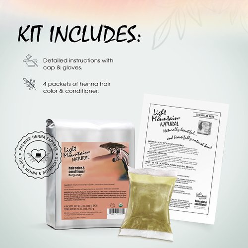 Light Mountain Henna Hair Color & Conditioner - Burgundy Hair Dye for Men/Women, Organic Henna Leaf Powder, Chemical-Free, Semi-Permanent Hair Color, 16 Oz