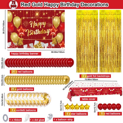 Red and Gold Birthday Decorations for Women Men, 72 Pcs Red Happy Birthday Banner Backdrop For Boys Girls Red Balloons Arch Kit Tablecloth Birthday Confetti Bday Party Supplies Indoors & Outdoors