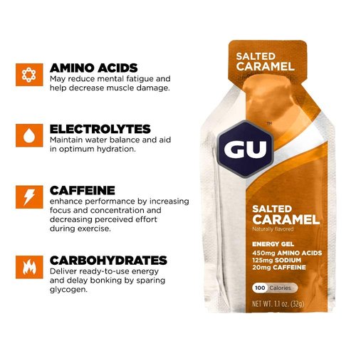 GU Energy Original Sports Nutrition Energy Gel, Vegan, Gluten-Free, Kosher, and Dairy-Free On-the-Go Energy for Any Workout, 24-Count, Salted Caramel