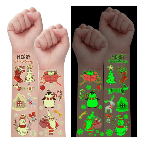 Partywind 10 Sheets Luminous Christmas Temporary Tattoos for Kids Stocking Stuffers, Christmas Party Decorations Supplies Favors for Birthday, Xmas Holiday Stickers Games Toys for Boys Girls