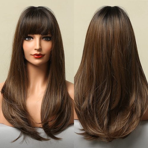 HAIRCUBE Brown Wigs for Women Long Straight layered Wig with Bangs Heat Resistant Fiber Synthetic Wigs Daily Natural looking