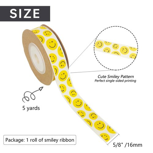 Sewhick 5/8" Smiley Face Ribbon Yellow Smile Craft Satin Ribbon for Gift Wrapping Birthday Party Decoration Baby Shower, Sewing (5 Yards, 1 Roll)