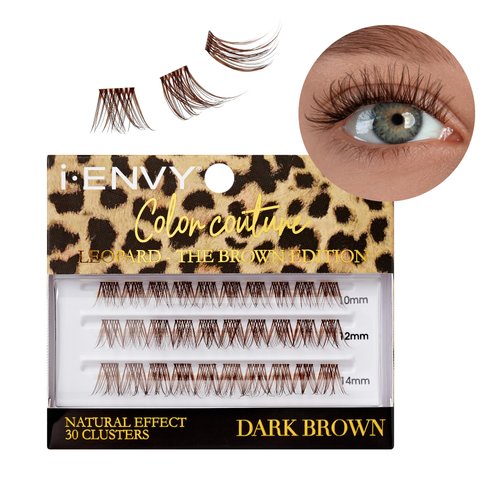I-Envy Color Couture Leopard - The Brown Edition, 30 Faux Mink Lash Clusters, Thin Band, Customizable, Long-Lasting, Natural Look DIY Color Eyelash Extensions, Cruelty-Free, Vegan (Dark Brown)