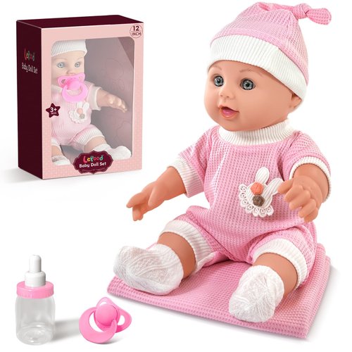 12'' Baby Doll for Toddlers 1-3, Baby Doll Set with Accessories includes Pink Clothes, Pacifier, Feeding Bottle, Blanket, First Doll Playset Toy in Gift Box for Girls Kids 1 2 3 4 5 6+ Years Old