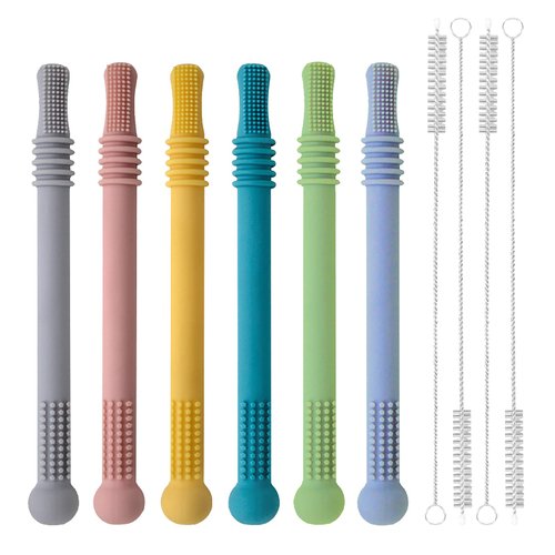 Hollow Molar Teether, Silicone Baby Teething Toy, Teethers for Babies Boys and Girls, with 4 Cleaning Brush, BPA Free/Freezable (6 Pack)
