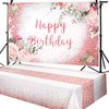 Breling 2 Pcs Pink Rose Gold Birthday Party Supplies Rose Gold Happy Birthday Backdrop Floral Happy Birthday Banner Rose Gold Plastic Tablecloth Table Cover for Photoshoot for Women Party Supplies