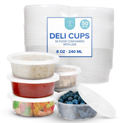 Food Storage Containers with Airtight Lids (8oz 50 Sets) - Clear Plastic Food Storage Jars - Great for Your Slime Kit - BPA Free| Leakproof - Microwaveable - Reusable - Dishwasher & Freezer Safe