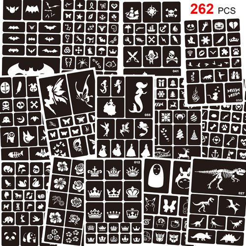 Konsait 262pcs Temporary Tattoos Stencils for Kids, Face and Body Paint Stencils Kit, Girl Boy Glitter Tattoos Stencils for Kids School Show Birthdays Halloween Christmas Party Favor Supplies