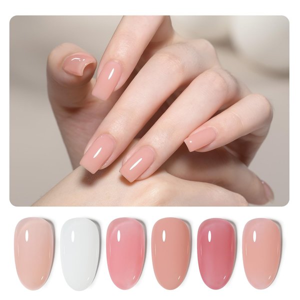 GAOY 6 Colors Rubber Base Gel Set, Jelly Builder Base Nail Gel Nude Sheer White Pink, 2-in-1 Soak Off Base Gel Nail Strengthener, Blush Jelly
