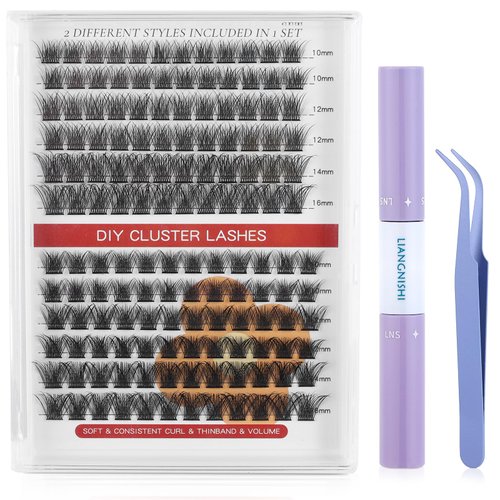 Lucoss Individual Lashes Cluster Kit, 144 Pcs Individual Clusters, 10-16mm Mix DIY Lash Clusters with Lash Bond and Seal, Eyelash Tweezers, Eyelash Extension Kit For Beginner (A8)