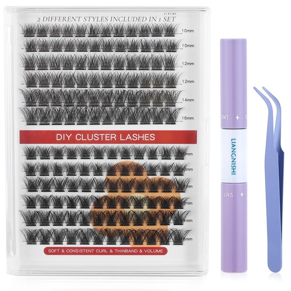 Lucoss Individual Lashes Cluster Kit, 144 Pcs Individual Clusters, 10-16mm Mix DIY Lash Clusters with Lash Bond and Seal, Eyelash Tweezers, Eyelash Extension Kit For Beginner (A8)