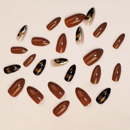 Brown Almond Press on Nails Medium Fake Nails with Leopard&Glitter Designs Fall Almond Shaped False Nails Amber Acrylic Nails Glossy Stick on Nails for Women 24Pcs