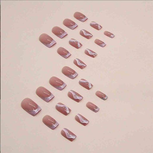 Foccna Coffin French Press on Nails Fake Nails Pink Swirls Cute Women's False Nails Medium LongDaily Artificail Nails for Women and Girls-24Pcs
