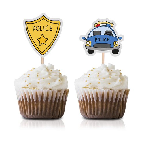 Police Party Cupcake Topper Picks, 24-Pack Boy Girl Cops Baby Shower Or Kids Birthday Party Decorations