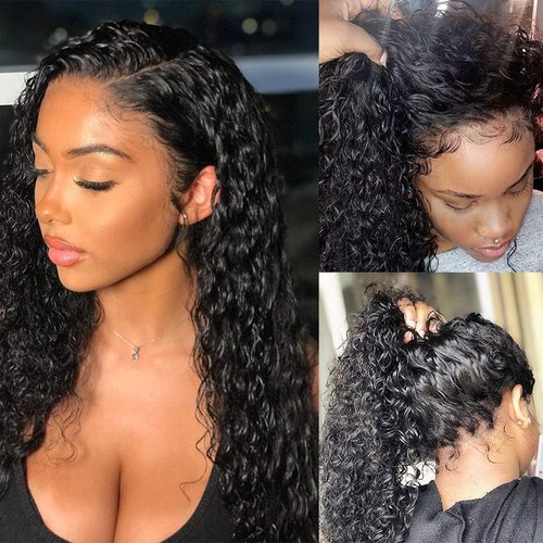 Pizazz 13x4 Deep Wave Lace Front Wigs Human Hair 180 Density Brazilian Human Hair Wigs with Baby Hair Pre Plucked Natural Hairline(18 Inch, Black color)