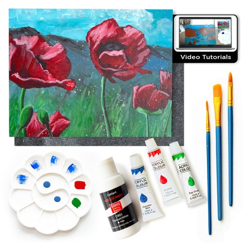 DIY Painting Class Kit for Adults: Learn to Paint These Poppy Flowers with Video Tutorials – How to Paint with Acrylics – Painting & Art Supplies – 9 Piece Acrylic Paint Set