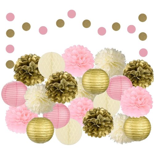 EpiqueOne 22-Piece Tissue Paper Pom Poms Party Set - Pink, Gold & Ivory | Includes 12 Pom Poms, 6 Paper Lanterns, 3 Honeycomb Balls & 1 6.5 ft. Garland | For Birthdays, Bridal or Baby Showers & More