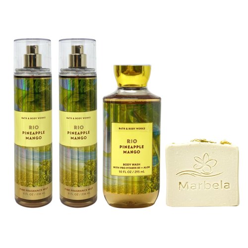 Bath & Body Works Rio Pineapple Mango 3 Piece Value Pack with a Wild Jasmine Bar Soap - 2 Fragrance Mits and Body Wash - Full Size