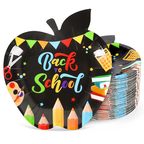Whaline 40Pcs Back to School Paper Plates Black Apple Shaped Disposable Plates Colorful Pencils Books Decorative Tableware for First Day of School Party Supplies Table Decorations, 6.3 x 6.5 Inch