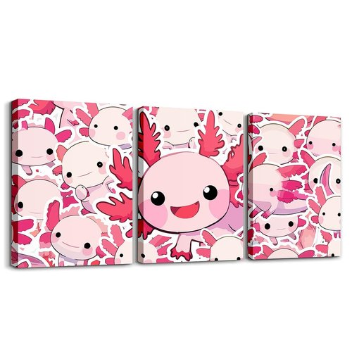Feelyou Boys Girls Cute Axolotl Canvas Wall Art for Living Room Bedroom Ocean Sealife Wall Painting Posters and Prints Kids Cartoon Salamander Picture Wall Decor Kawaii Teens Wall Art 12"x16"x 3Pcs