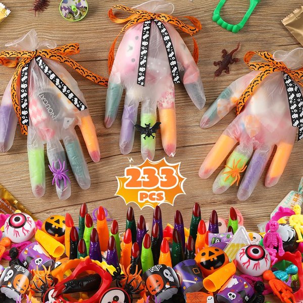 Deerher 233PCS Halloween Party Favors - 24 Pack Halloween Gloves Toys Bulk Stuffed, Non-Candy Halloween Treat Bag Gifts for School Classroom Kids Toddlers Boys Girls Prizes Party Supplies