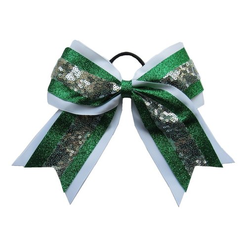 New "SEQUIN GLITTER Green White" Cheer Bow Pony Tail 7 Inch Girls Hair Bows Cheerleading Dance Practice Football Games Competition Birthday Grosgrain Ribbon St. Patty's Day Christmas