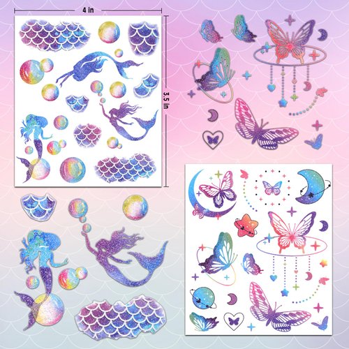 Ozepao Glitter Temporary Tattoos for Girls, 12 Sheets of Mixed Butterfly, Fairy, Mermaid Tattoo Stickers for Kids, Waterproof Fake Tattoos for Birthday Party Favors and Supplies