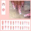 Hkanlre Coffn Press on Nails Tips Ballerina Long Heart Fake Pink Nails Full Cover Rhinestones Coffin False Nails for Women and Girls 24PCS