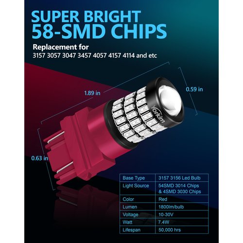 Yorkim 3157 Led Bulb Red 3157 Led brake lights bulb 3157 Led tail lights 3157 Led blinking brake lights with Projector 3156 led bulb red 3056 3156 3057 4057 4157 T25 Led Bulbs red, Pack of 2