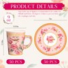 Rtteri 100 Pcs Tea Party Decorations Set Includes 50 Disposable 9 oz Bird Blossom Paper Tea Cups and 50 Plates, Floral Paper Tea Cups and Saucers for Hot Cold Drink Wedding Birthday Baby Bridal Shower