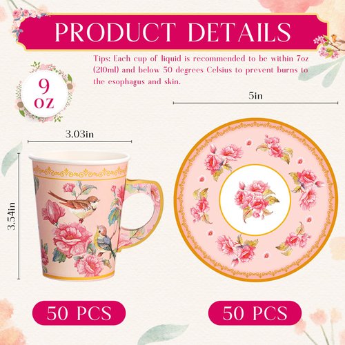 Rtteri 100 Pcs Tea Party Decorations Set Includes 50 Disposable 9 oz Bird Blossom Paper Tea Cups and 50 Plates, Floral Paper Tea Cups and Saucers for Hot Cold Drink Wedding Birthday Baby Bridal Shower