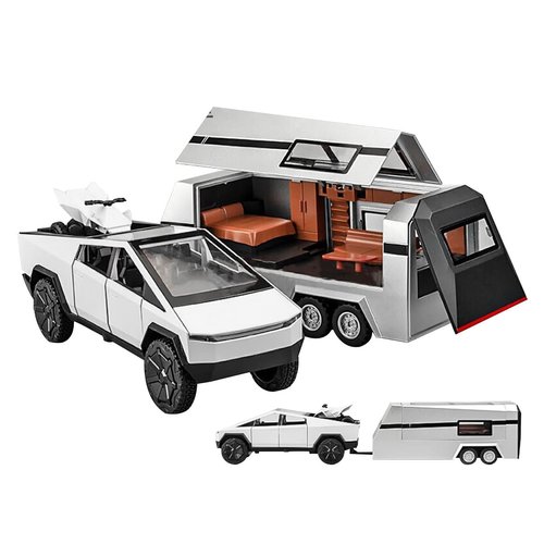 1/32 Pickup Trailer RV Model Kit, Off-Road Vehicle Alloy,Car Model Diecast Metal Toy,Truck Model Simulation Sound Light,Gifts for boy Girl. (with RV Silver)