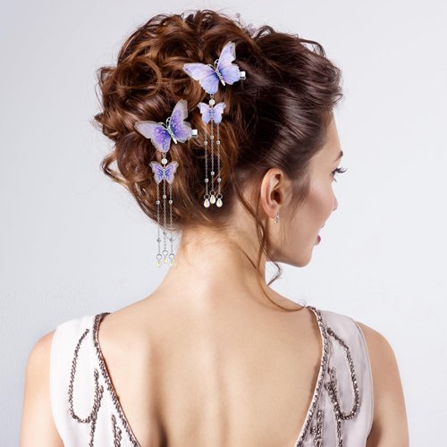 BBTO 8 Pcs Tassel Butterfly Hair Clips Christmas 3D Butterfly Hair Pins Cute Organza Hanging Ear Butterfly Hair Accessories for Bride Wedding party women(Sweet Color)