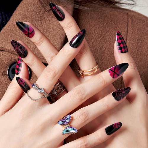 GLAMERMAID Press on Nails Almond,Gothic Black Gel False Nails with Design,24 PCS Glue on Nails,Reusable Acrylic Stick on Nails Tips Manicure Set for Women,Night Family