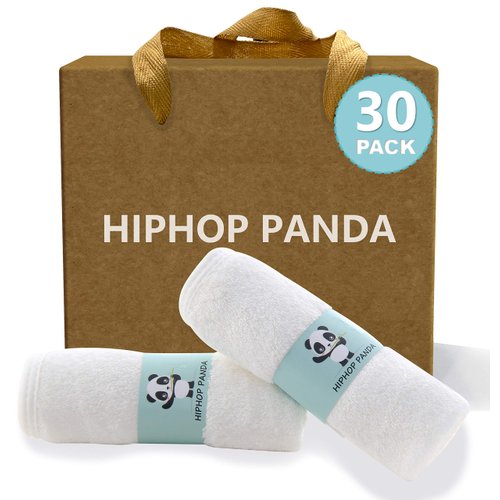 HIPHOP PANDA Baby Washcloths, Rayon Made from Bamboo - 2 Layer Ultra Soft Absorbent Newborn Bath Face Towel - Reusable Baby Wipes for Delicate Skin - White, 30 Pack