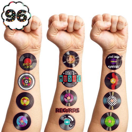 125 PCS Music Vinyl Records Temporary Tattoos Birthday Party Decorations Favors Supplies Disco Decor 1950’s Rock and Roll Colorful Paper Records Stickers For Boys Girls Gift School Prizes Rewards