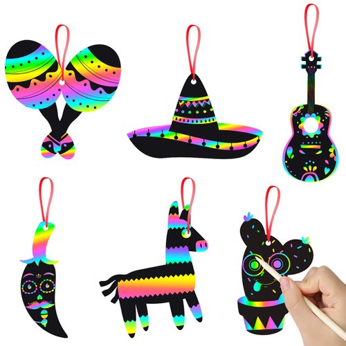 WATINC 60 pcs Mexican Fiesta Scratch Cards Art Set for Kids and Adults, Cinco De Mayo Party Decorations Favor, DIY Magic Colorful Art Craft Kit, Scratch Paper Ornaments for Birthday Party
