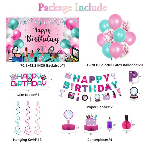 Roetyce Makeup Birthday Party Decorations, 46PCS Makeup Happy Birthday Banner Balloons Hanging Swirl Honeycomb Cake Topper Kit, Spa Themed Birthday Decorations for Girls, Pink Birthday Party Supplies