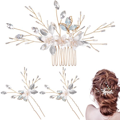 PAGOW 3 Pack Floral Leaf Hair Combs, Gold Rhinestone Crystal Hair Comb Clips, Hair Side Comb Clips, Fashion Hair Barrette Crystal Wedding Headpiece Hair Accessories For Bride, Bridesmaid, Women, Girls