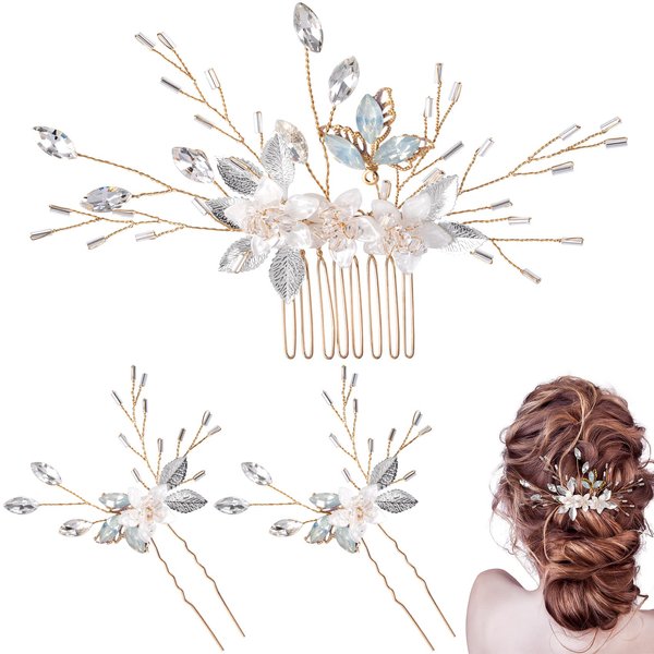PAGOW 3 Pack Floral Leaf Hair Combs, Gold Rhinestone Crystal Hair Comb Clips, Hair Side Comb Clips, Fashion Hair Barrette Crystal Wedding Headpiece Hair Accessories For Bride, Bridesmaid, Women, Girls